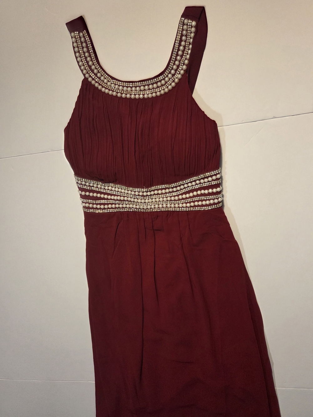 Embellished Burgundy Evening Dress with Beaded Waist